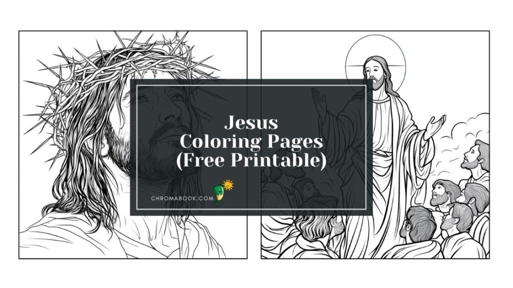 A biblical coloring page featuring Jesus surrounded by children, perfect for creative expression; available as a free printable.