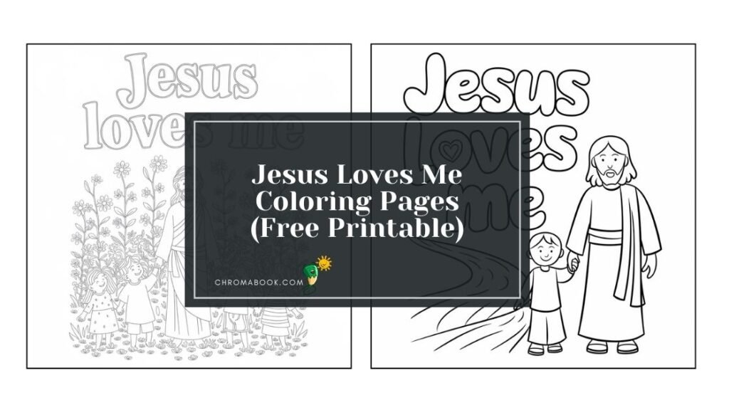 A delightful coloring page featuring a heartwarming biblical theme, showcasing "Jesus Loves Me" with playful designs, available as a free printable.