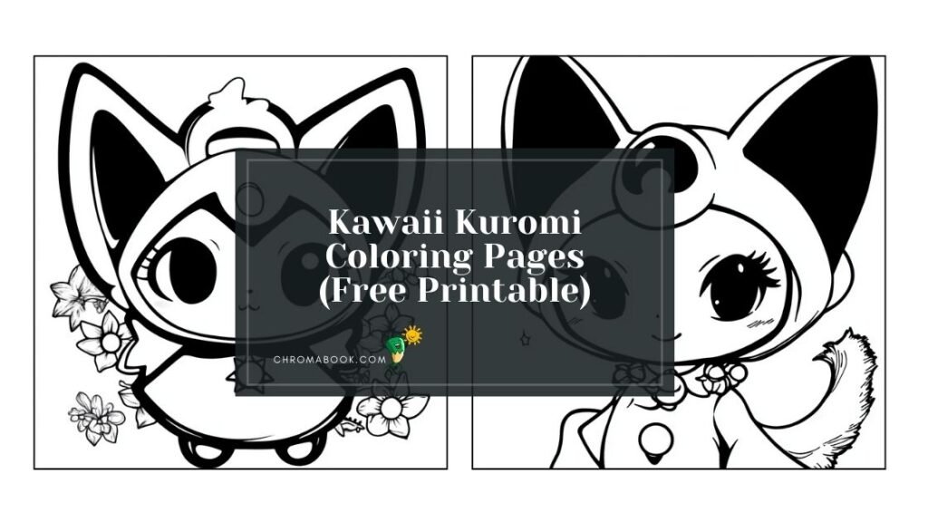 A cute Kawaii Kuromi character surrounded by whimsical patterns and hearts, perfect for a fun coloring page. Free printable design!