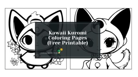 A cute Kawaii Kuromi character surrounded by whimsical patterns and hearts, perfect for a fun coloring page. Free printable design!