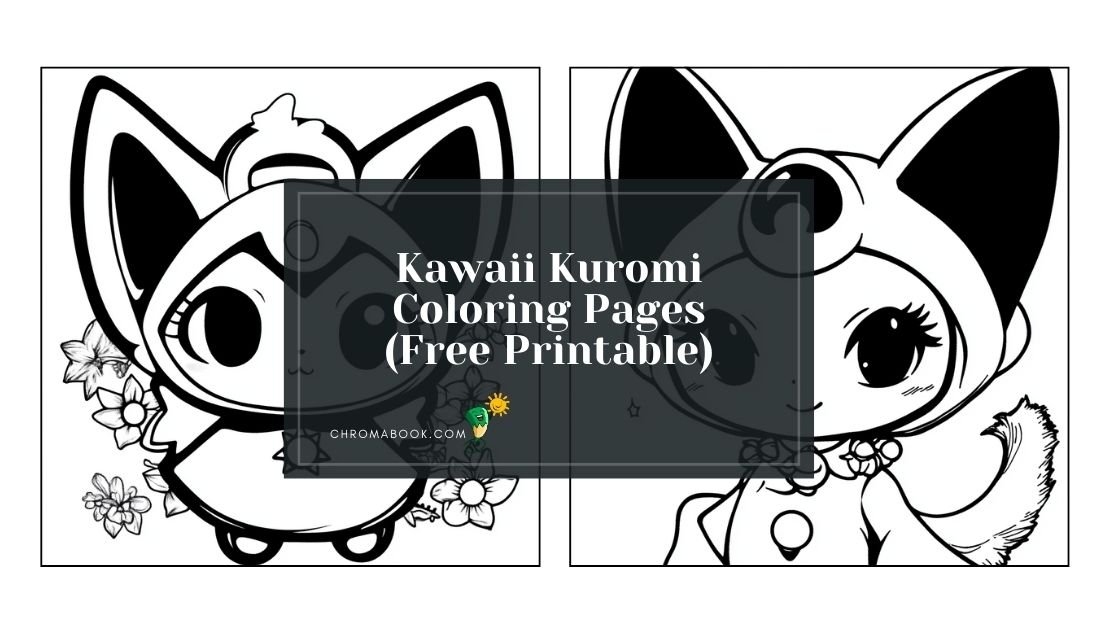 A cute Kawaii Kuromi character surrounded by whimsical patterns and hearts, perfect for a fun coloring page. Free printable design!