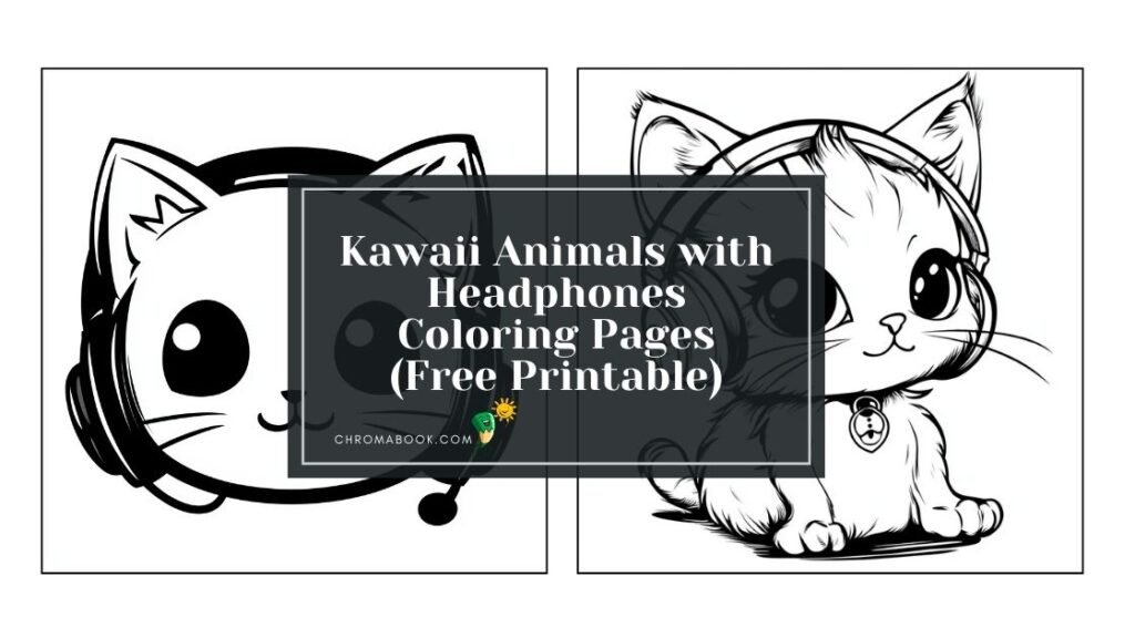 A cute coloring page featuring adorable kawaii animals wearing headphones, perfect for kids and fun-loving adults. Free printable!