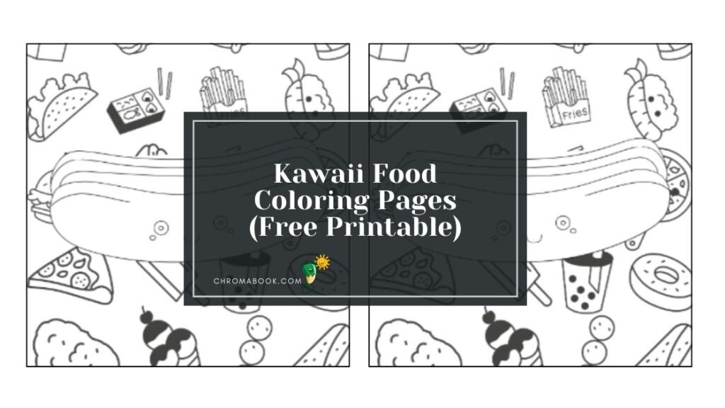 A whimsical kawaii food coloring page featuring cute cartoon-style sushi, cupcakes, and fruits, perfect for a fun, free printable activity.