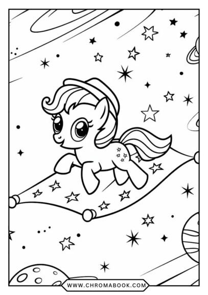 A whimsical MY LITTLE PONY coloring page featuring characters in a magical landscape, perfect for a free printable activity.