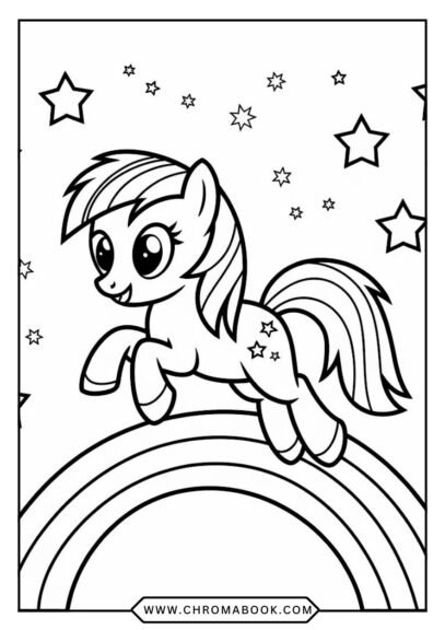 A whimsical MY LITTLE PONY scene featuring vibrant characters and magical elements, perfect for a fun coloring page. Free printable!