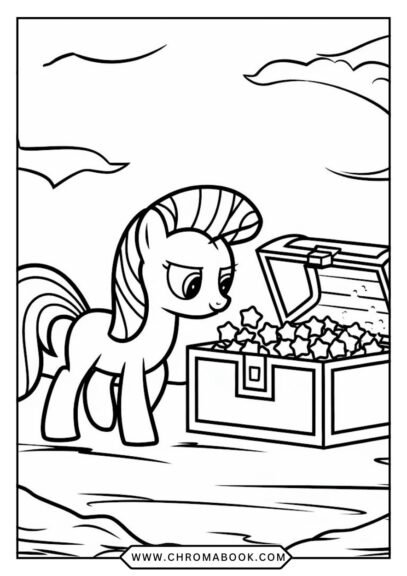 A whimsical MY LITTLE PONY scene featuring colorful ponies and magical elements, perfect for a fun coloring page. Free printable!