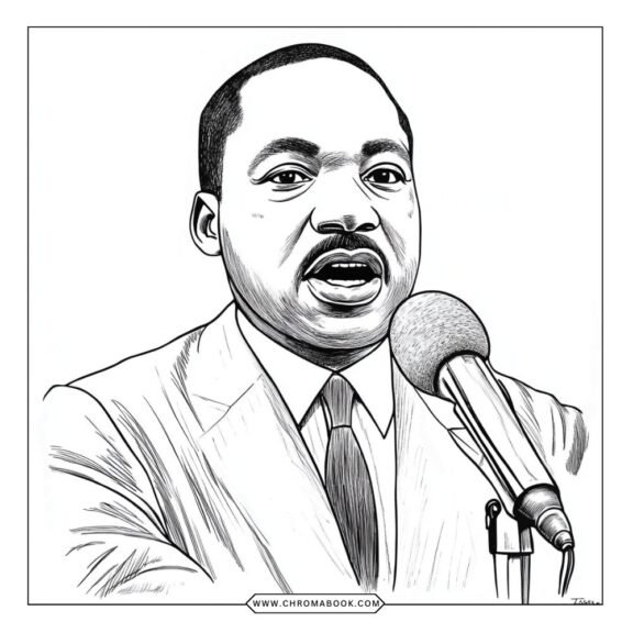 A detailed coloring page featuring Martin Luther King Jr. with inspiring quotes and symbols of peace, perfect for free printable fun.
