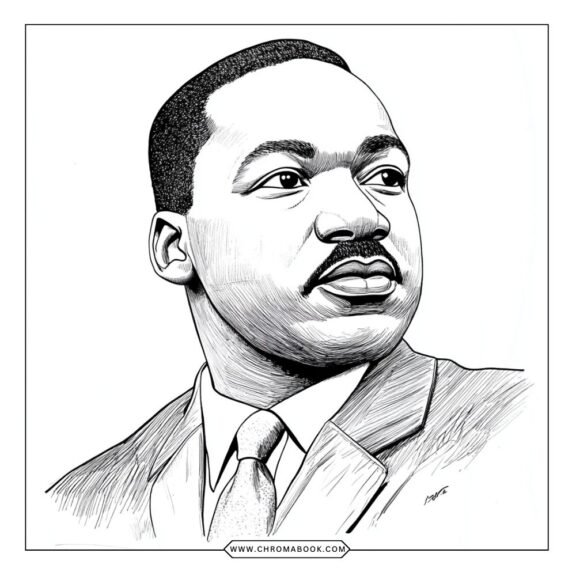 A detailed coloring page featuring Martin Luther King Jr. surrounded by inspiring quotes, available as a free printable.