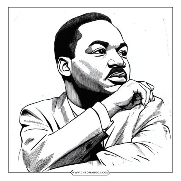 A free printable coloring page featuring Martin Luther King Jr. surrounded by inspirational quotes and symbols of peace.