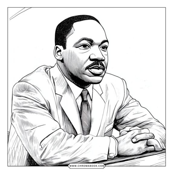 A free printable coloring page featuring a portrait of Martin Luther King Jr., surrounded by inspirational quotes and floral designs.