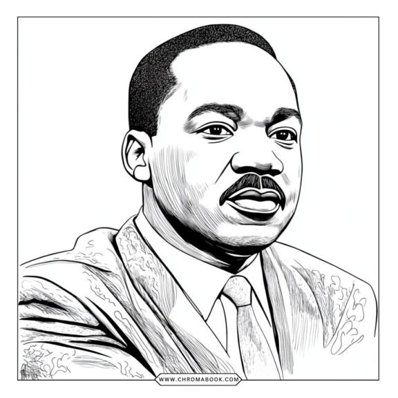 A free printable coloring page featuring Martin Luther King Jr. surrounded by inspirational quotes and symbols of peace.