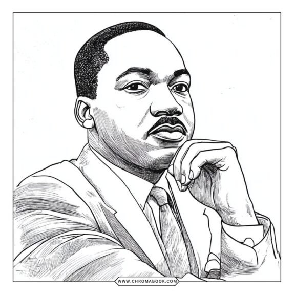 A free printable coloring page featuring Martin Luther King Jr. surrounded by inspiring quotes and symbols of peace and unity.