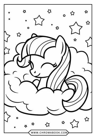 A fun coloring page featuring Rainbow Dash from My Little Pony, surrounded by whimsical clouds and stars. Free printable for kids!