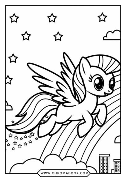 A vibrant My Little Pony Rainbow Dash coloring page featuring the beloved character in a dynamic pose, perfect for a free printable fun!