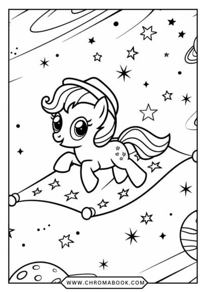 A vibrant My Little Pony Rainbow Dash coloring page featuring the beloved character surrounded by clouds and rainbows. Free printable!