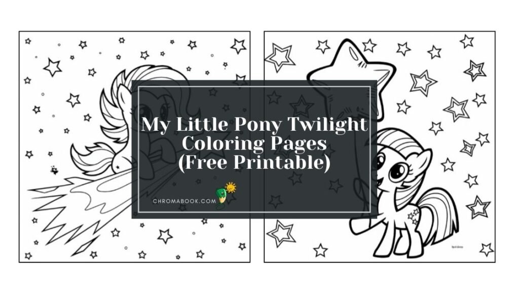 A whimsical My Little Pony coloring page featuring Twilight Sparkle surrounded by magical elements, perfect for a free printable activity.