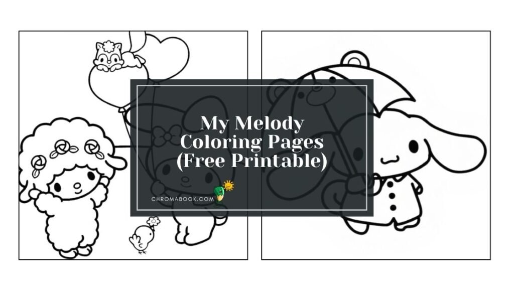 A cute My Melody character surrounded by whimsical flowers and hearts, perfect for a fun coloring page. Free printable for creative enjoyment!