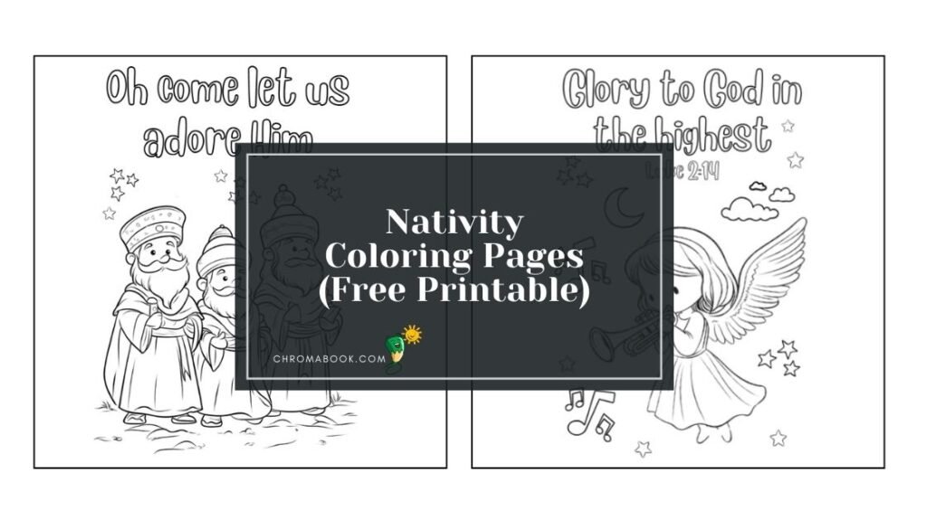 A detailed nativity scene featuring Mary, Joseph, and baby Jesus, surrounded by animals; perfect for a coloring page and free printable.