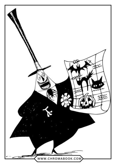 A whimsical Nightmare Before Christmas coloring page featuring Jack Skellington and Halloween Town elements, available as a free printable.