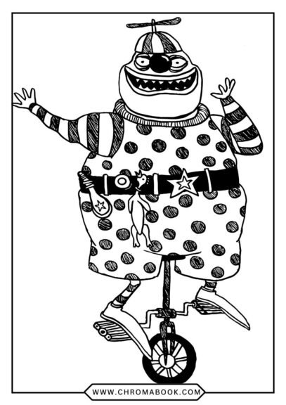 A whimsical Nightmare Before Christmas scene featuring Jack Skellington and friends, perfect for a fun coloring page. Free printable!