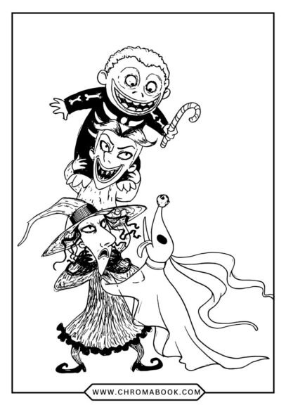 A spooky yet whimsical Nightmare Before Christmas coloring page featuring Jack Skellington and festive elements. Free printable!