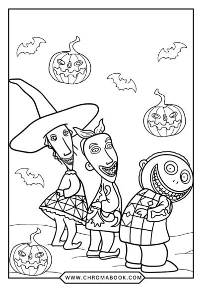 A whimsical Nightmare Before Christmas coloring page featuring Jack Skellington and spooky elements, perfect for a free printable activity.