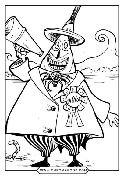 A whimsical Nightmare Before Christmas-themed coloring page featuring Jack Skellington and festive motifs; free printable for all ages.