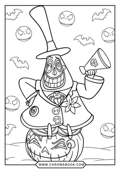 A whimsical Nightmare Before Christmas coloring page featuring Jack Skellington and festive designs, perfect for a free printable activity.
