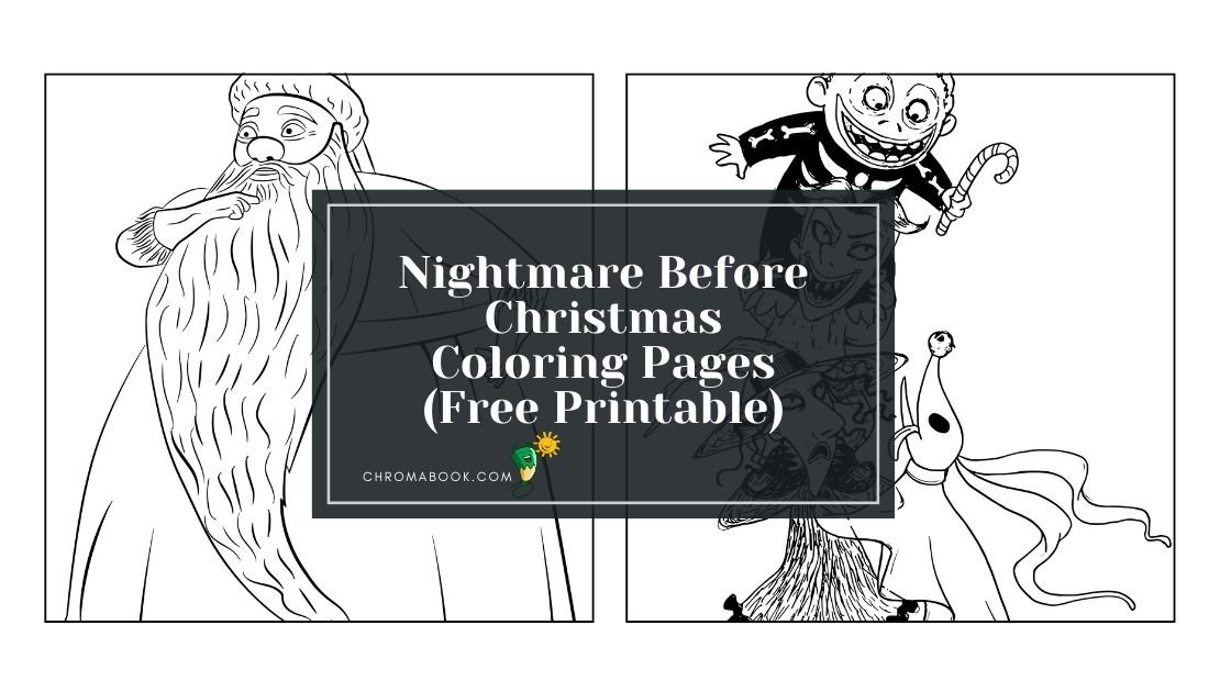 A whimsical Halloween scene featuring Jack Skellington and friends, perfect for a coloring page. Free printable for festive fun!