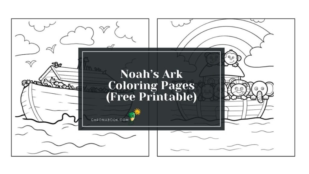 A detailed coloring page featuring Noah's Ark with animals, rainbows, and clouds, perfect for creative fun; free printable!