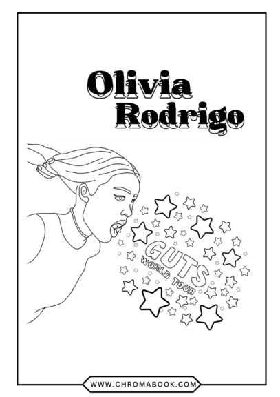 A fun Olivia Rodrigo coloring page featuring her iconic style, surrounded by musical notes and floral patterns. Free printable!