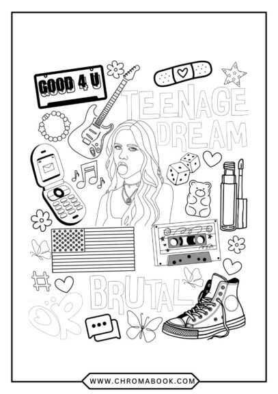 A fun Olivia Rodrigo coloring page featuring a whimsical design with musical notes and flowers. Perfect for creative expression! Free printable.