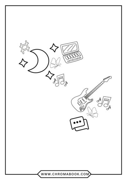 A fun Olivia Rodrigo coloring page featuring stylish illustrations of the singer surrounded by musical notes and stars. Free printable!