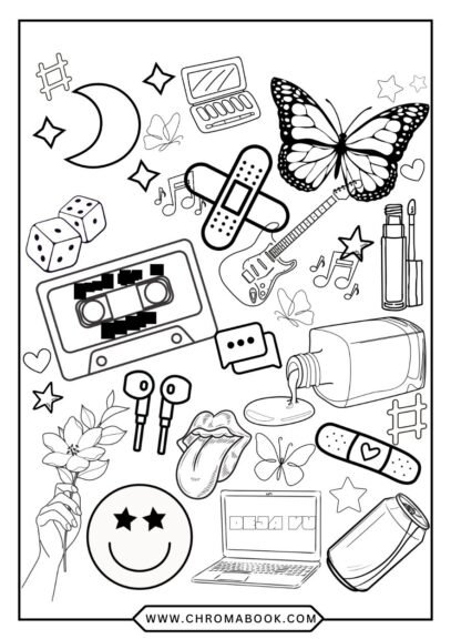 A vibrant Olivia Rodrigo coloring page featuring musical notes and whimsical elements, perfect for creativity. Free printable!