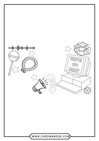 A fun Olivia Rodrigo coloring page featuring musical notes and whimsical designs, perfect for creativity. Free printable!