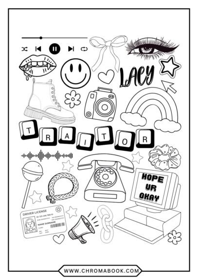 A whimsical Olivia Rodrigo coloring page featuring musical notes and floral designs; perfect for creativity! Free printable available.