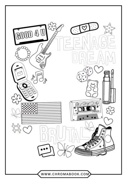 A fun Olivia Rodrigo coloring page featuring a whimsical design with musical notes and floral elements, perfect for free printable fun!