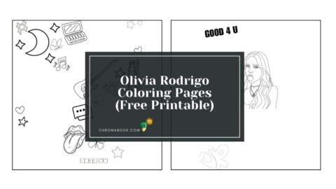 A detailed Olivia Rodrigo coloring page featuring her portrait surrounded by musical notes and floral designs, available as a free printable.