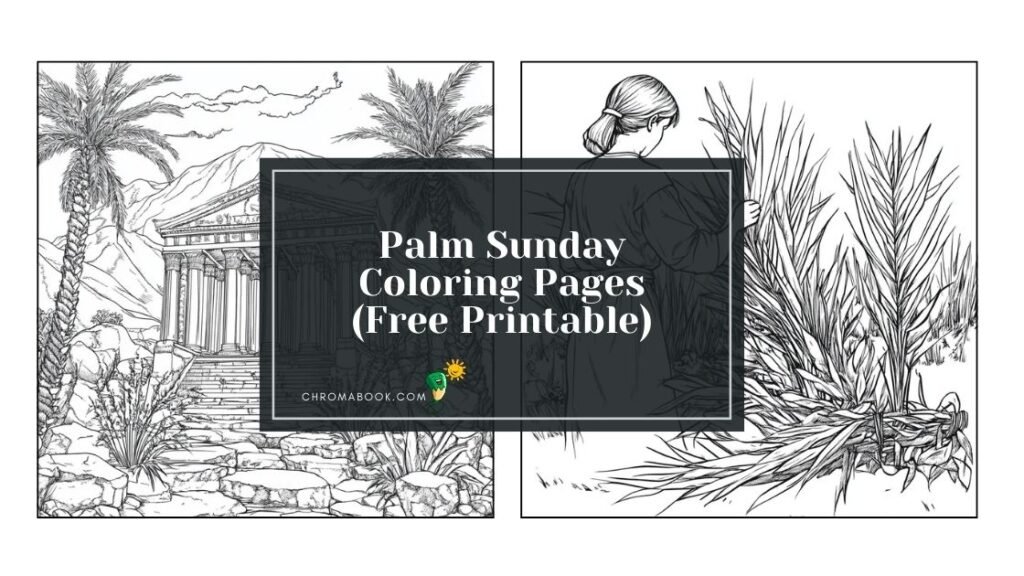 A biblical scene featuring palm leaves and a joyful crowd, ideal for children. Perfect for a coloring page and free printable.