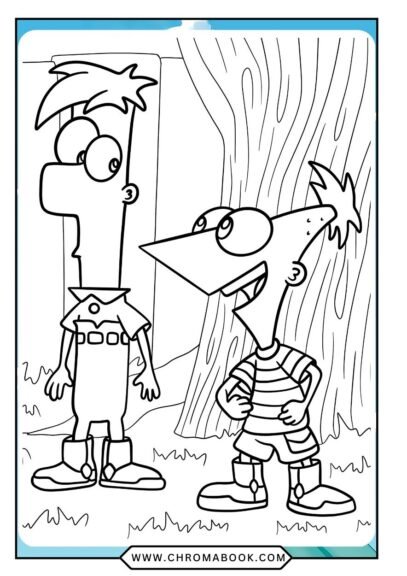 A fun "Phineas and Ferb" coloring page featuring the characters in a whimsical scene, perfect for kids. Free printable!