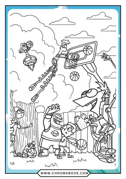 A fun Phineas and Ferb coloring page featuring the characters in a whimsical adventure, perfect for kids. Free printable!