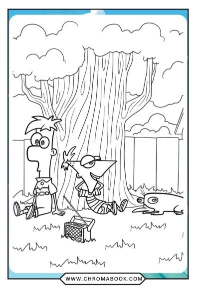 A fun Phineas and Ferb coloring page featuring the duo in a whimsical adventure. Perfect for kids, it's a free printable!