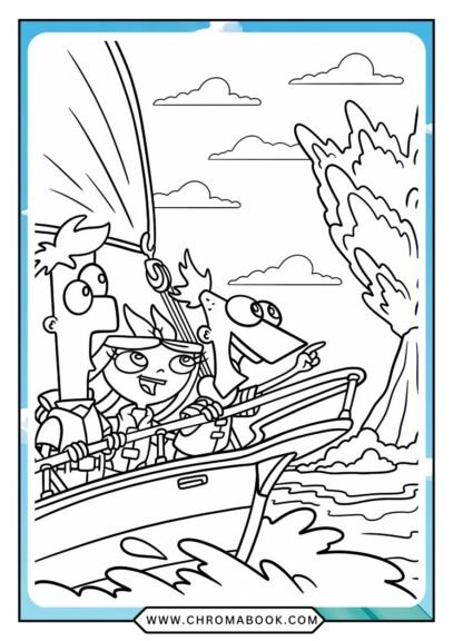 A fun Phineas and Ferb coloring page featuring the characters in action, perfect for kids. Free printable for creative play!