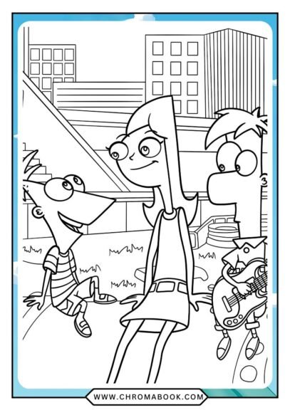 A fun Phineas and Ferb coloring page featuring the characters in a whimsical adventure, perfect for a free printable activity.