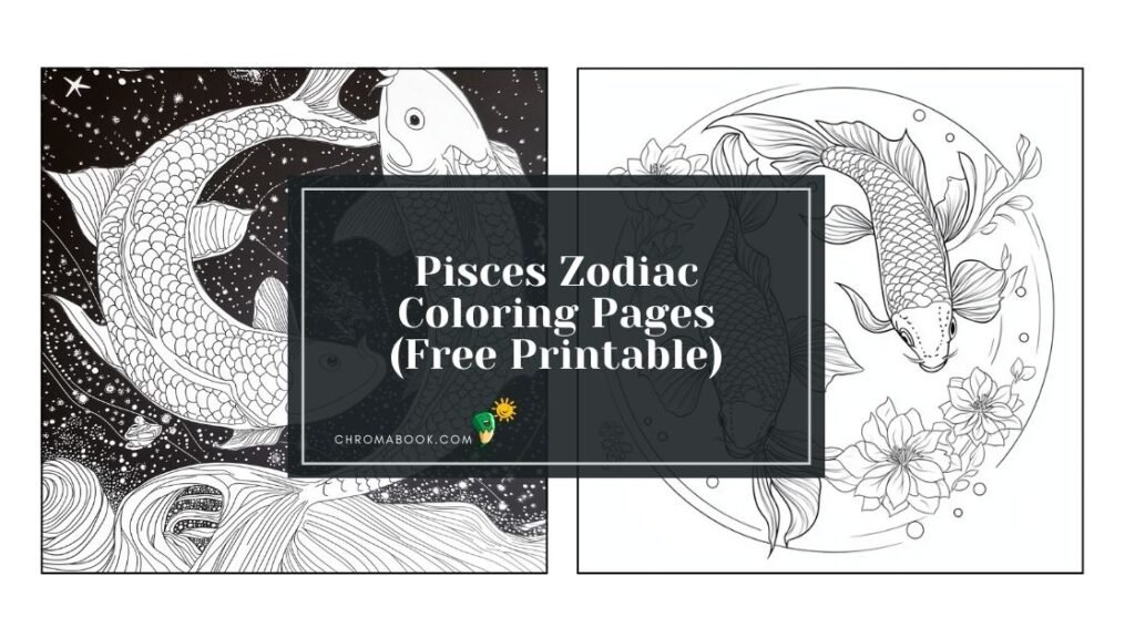 A detailed coloring page featuring the Pisces zodiac symbol, surrounded by flowing waves and fish motifs, available as a free printable.