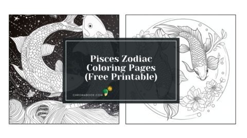 A detailed coloring page featuring the Pisces zodiac symbol, surrounded by flowing waves and fish motifs, available as a free printable.