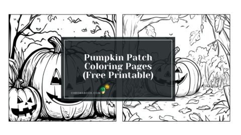 A whimsical pumpkin patch scene with various pumpkins, vines, and autumn leaves, perfect for a fun coloring page and free printable.