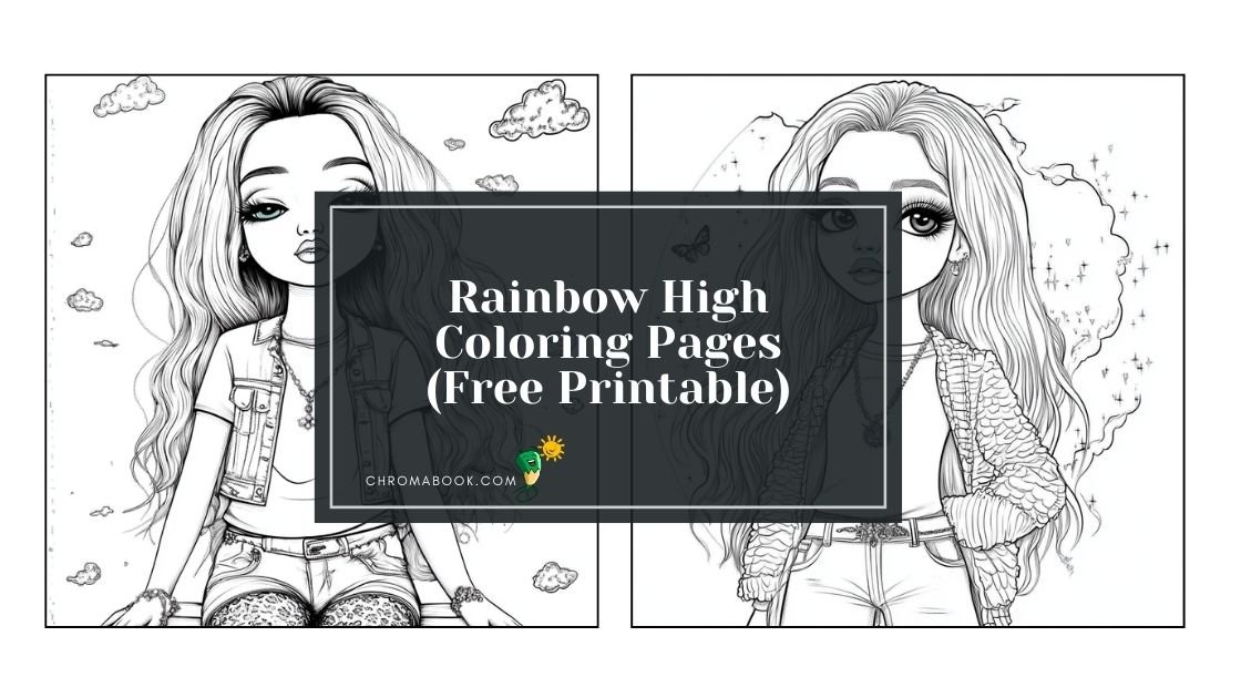 A vibrant coloring page featuring Rainbow High characters with stylish outfits and accessories, available as a free printable.