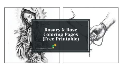 A beautiful coloring page featuring an intricate rosary intertwined with roses, perfect for relaxation and creativity—free printable!