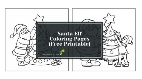 A whimsical Santa elf surrounded by festive decorations, perfect for a fun coloring page; available as a free printable.